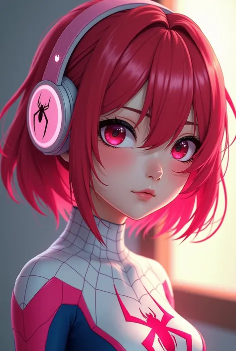 comic spider man asian girl with red hair with pink streaks white spider-man costume pink and red cute hair red pink and white headphones serious medium short hair