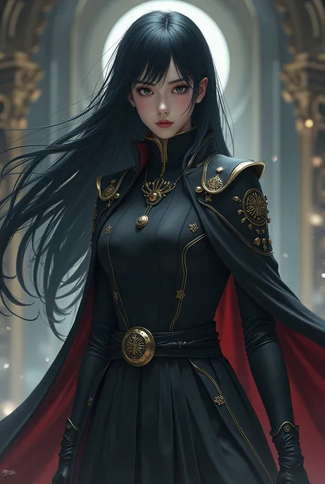 A girl with long black hair, king, with the jujuts tech uniform