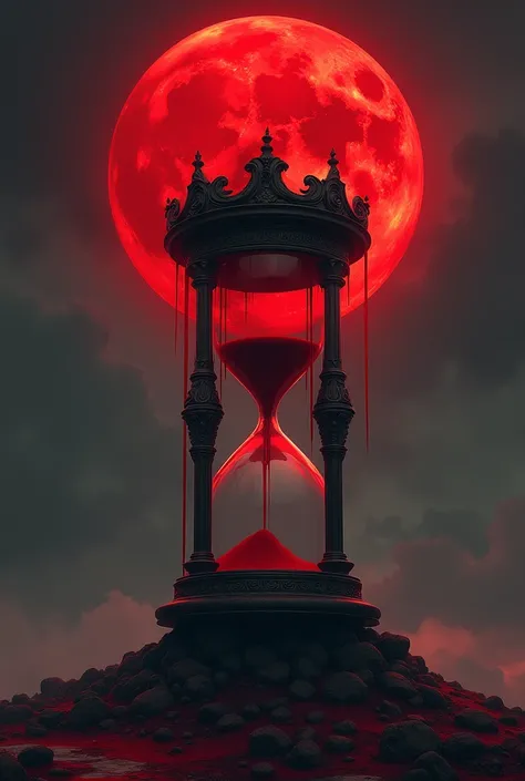 Make me a red moon dripping blood and surrounding an hourglass 