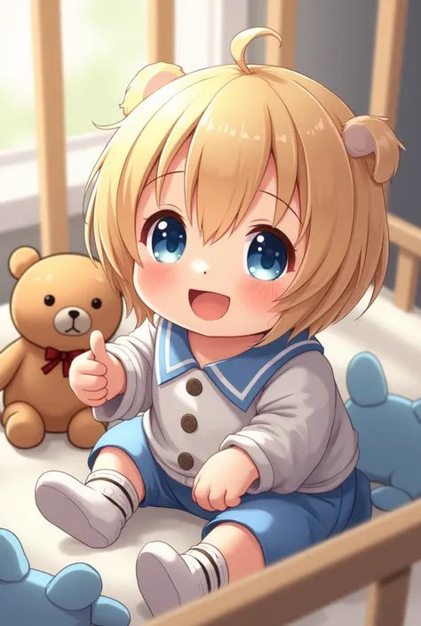 Create a half-anime, half-realistic image of a very cute baby, MASCULINE,straight and blond hair, a little below his little ears,very light and beautiful blue eyes,smooth white skin,he will be sitting in a crib with a stuffed animal in his hand ,he will be...