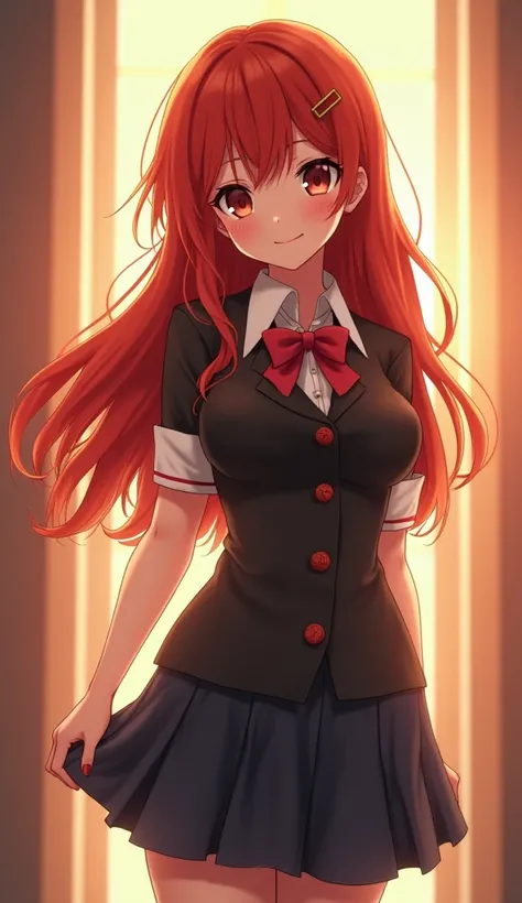 a beautiful redheaded girl in a school uniform, detailed intricate face, large breasts, perfect hourglass figure, (best quality,4k,8k,highres,masterpiece:1.2),ultra-detailed,(realistic,photorealistic,photo-realistic:1.37),high quality anime style, detailed...