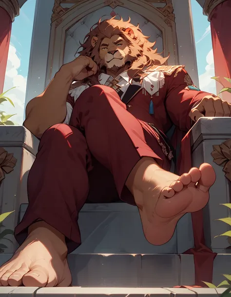 big, furry, muscular male, lion, mane hair, old man, sitting on throne, barefoot, burgundy pants, crossed legs, caloused feet, soles visible, feet focus, low angle view