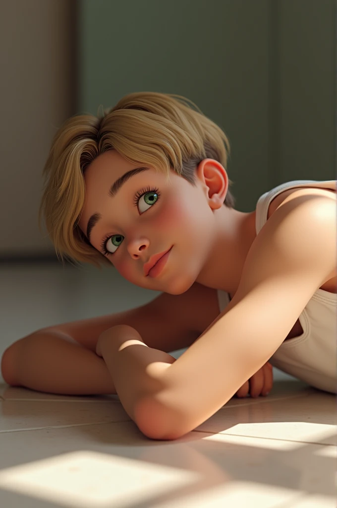 Fourteen year old man, with medium dark blonde hair at ear length, slightly wavy, medium color almond green eyes with large eyelashes, white tank top on a tile floor lying with a relaxed smile with a loving look, <xml><input>realistic</input></xml>