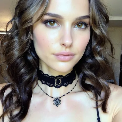 Soft natural diffuse lighting, Instagram selfie of a woman with beautiful wavy hair wearing a lacey dior choker around her neck,f/1.8,   natxportman,  