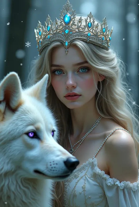 A mystical young woman wearing a fairy diadem with a forest and snow background and a white wolf with purple eyes