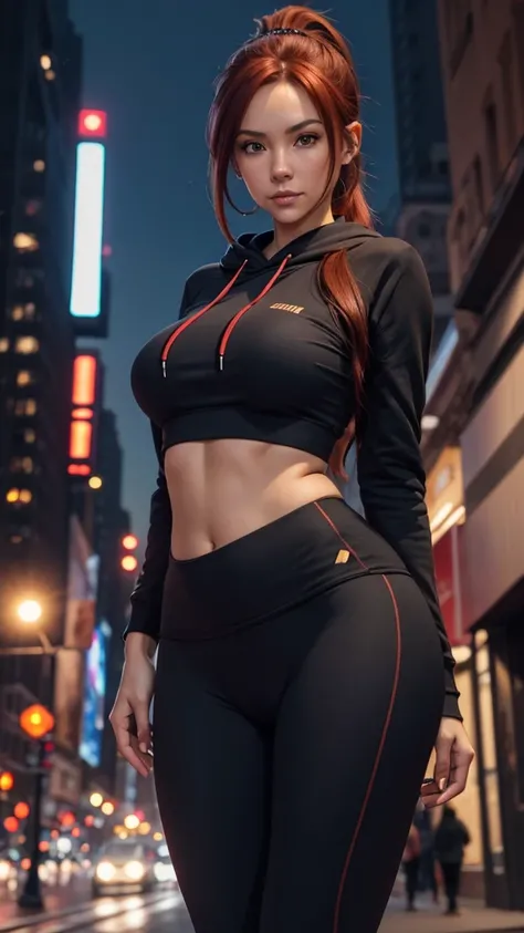 Nsfw, slim, woman with dark red hair, loose ponytail, skin tight yoga pants, no panties, prominent camel toe, cropped hoodie, earphones, new york city sidewalk, stary night sky