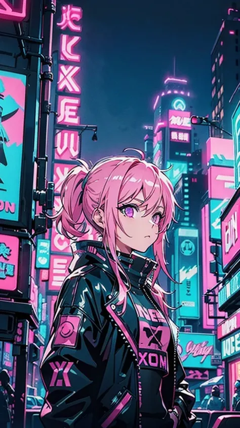 background with neon signs and cyberpunk cityscape、edm,dj playing music。pink haired beautiful girl。face photography