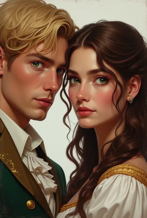 A handsome king with short blond hair and emerald green eyes with dilated pupils and a profiled face, with a beautiful queen with long brown hair with waves, and has brown eyes with a little bit of freckles 