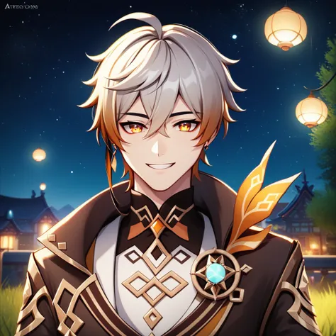 (masterpiece, best quality, highres, ultra-detailed, 8k, 4k), artbook, anime coloring, CG, illustration , fantasy, mksks ,1boy, solo, , background is a huge ornate circular pattern, smile, happy looking at viewer, starry night, night, outdoors, close up, u...