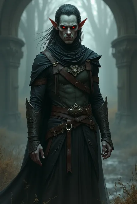 create a dark fantasy style drawing of an elf man with gray skin, shoulder-length hair, leather clothing, and red eyes 