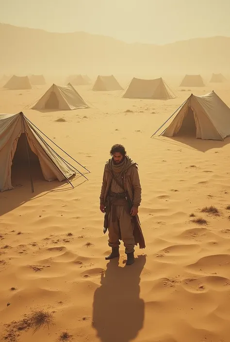 I want a background that expresses some of the traces of tents in the desert that have passed by, and a man standing in the middle, sad and in pain.