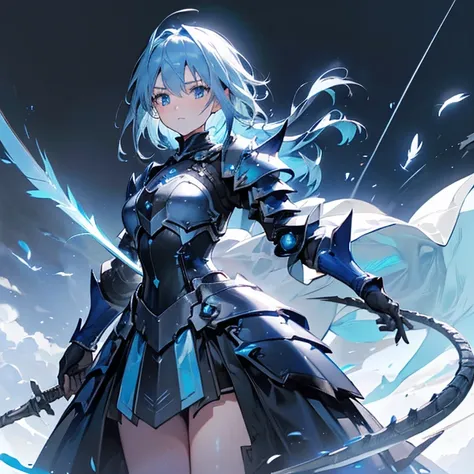 ((High resolution　Blue Hair　length髪　Black Armor　Dragon Knight　thunder　Lonely　despair))　((night　Western style　chest　Shining Aura　gloves))　(Big feather　dance　Blade of Light　holding a spear　length　Slashing)　night　thunder　star　Slashing　Catching the Wind　