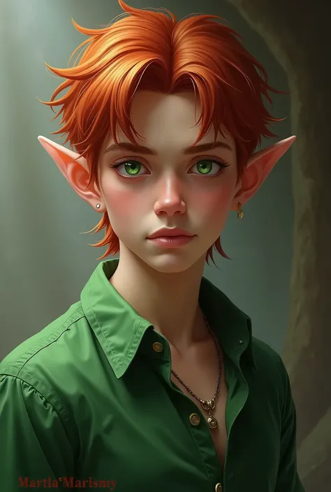 ((melhor resolução, alta definição, foto de cinema, retrato de aventureiro, retrato profissional, poster de personagem de RPG, como heróis de Dungeon and Dragons)), there is a man with red hair and a green shirt, a portrait of a male half elf, portrait of ...