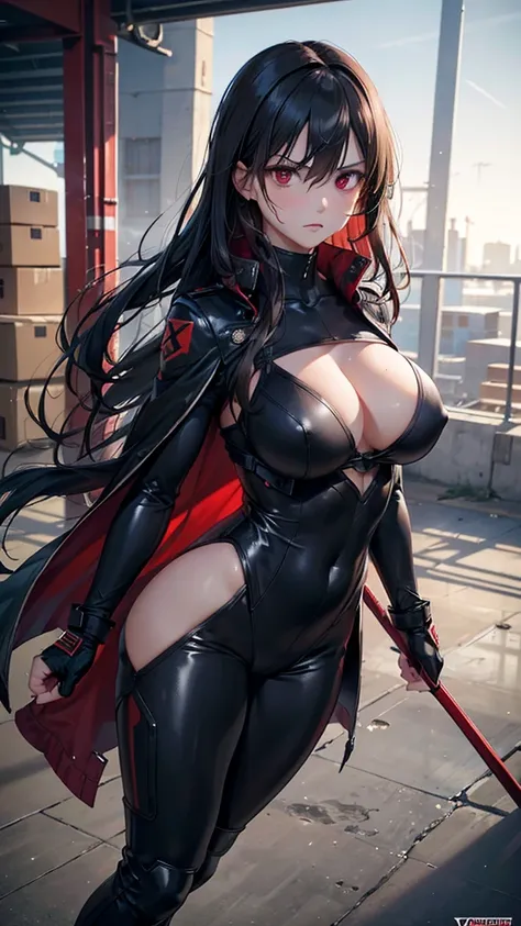 8k resolution,((Best Quality)),Ultra-high resolution,Adult women, Alone, sexy, (Angry expression), (Deep red eyes), A beautiful, symmetrical face, (Black messy long hair),Battle Coat,Combat body suit,Suit pants,Realistic:1.4,Realistic:1.4,(masterpiece:1.2)...