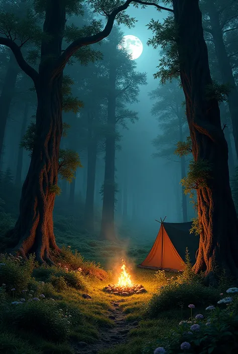 DARK FOREST with lots of flowers and grass with earth and tall trees with flowers (night)that it is very dark and gloomy (much darkness) and a camp in the center with a campfire in the middle of it 