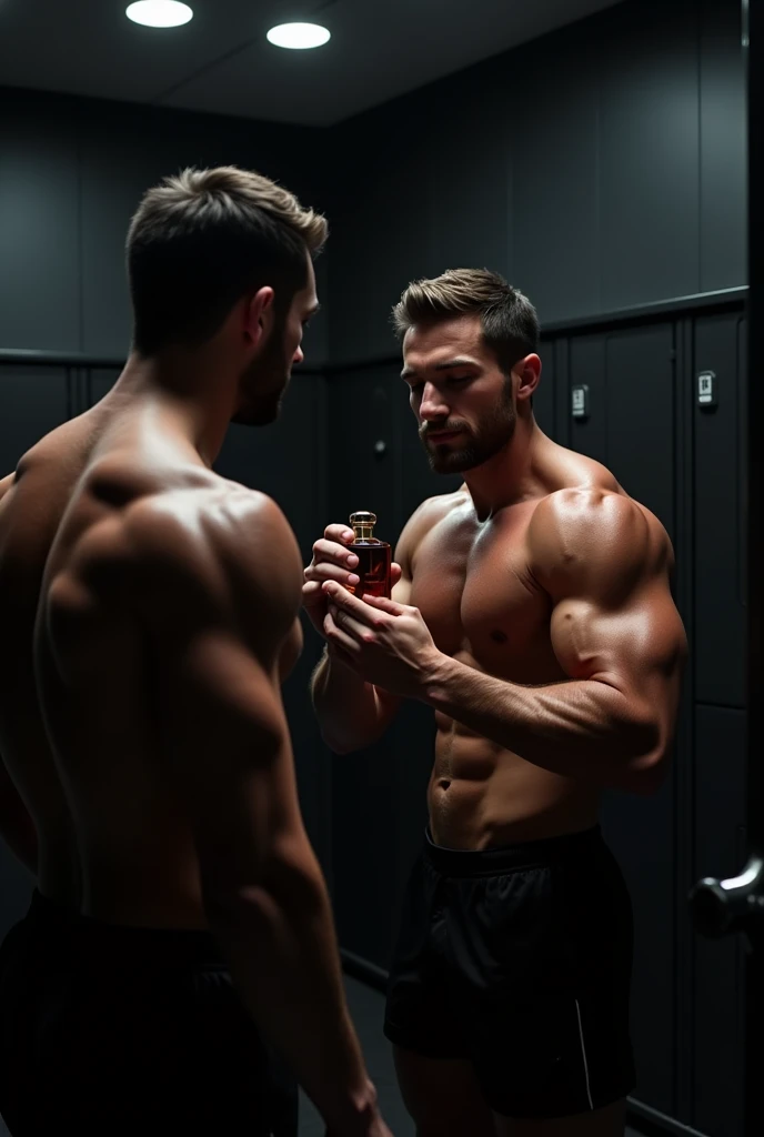 A male bodybuilder putting on perfume and enjoying the good smell in a gym locker room with a black background 