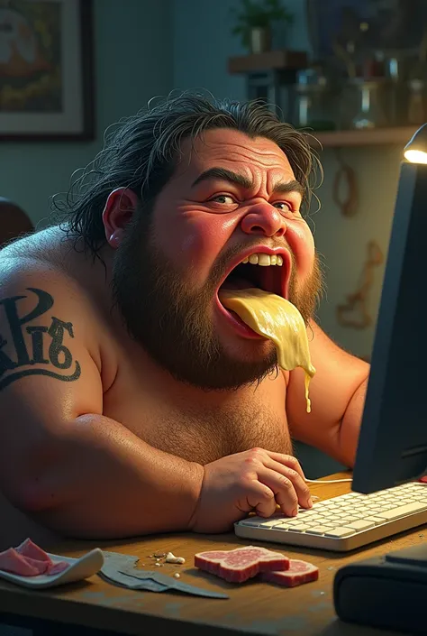 Fat, hairy and sweaty eats a piece of lard, at the computer