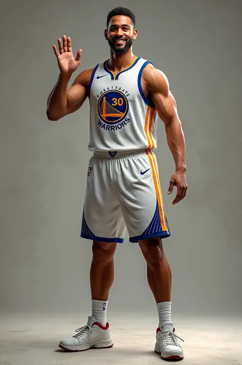 Generate me an image of Klay Thompson famous basketball player, ultrarealistic, he must be backing us and waving back at us. And he should be happy and proud