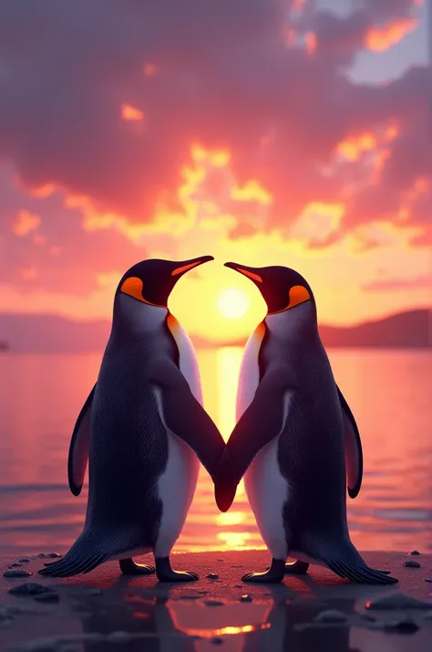 A black penguin and a purple penguin holding each other hands and enjoying the sunset 