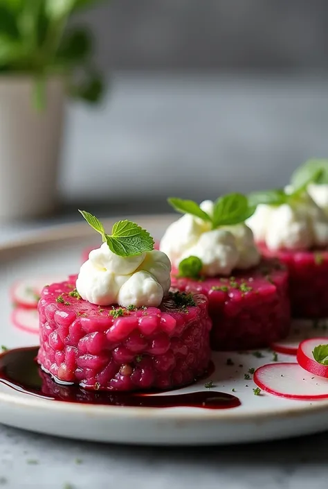 Create an image of beetroot tartare with goat cheese on a modern plate. The tartare consists of finely chopped beetroot mixed with red onion and seasonings, served with mounds of creamy goat cheese. The dish is decorated with thinly sliced radishes, fresh ...