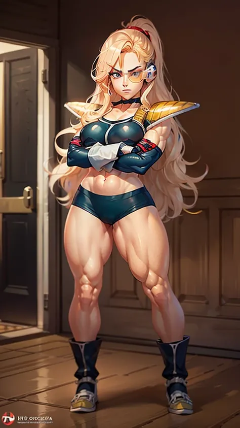 1girl, A blonde girl with muscular body and arms, six pack abs,folded arms stance, long wavy hair, thick eyebrows, thick eyeliner, raising right eyebrow, eyelashes , lip filler, toriyama akira, serious expression,Saiyan Scouter, Saiyan_Scouter, scouter, sa...