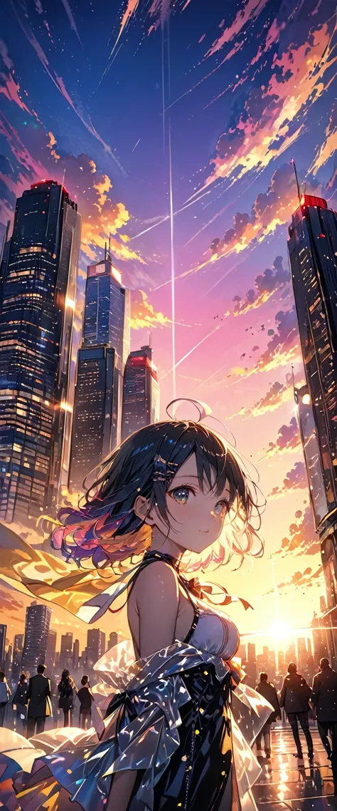 Beautiful CG。Cinema Lighting ,masterpiece, Best Quality, 8k.(Skyscraper。上空にSkyscraper。大空に逆さまになったSkyscraper。Sunshine。Beautiful city lights。Beautiful sunset。Colorful clouds),屋上にある超Skyscraperのシルエットの黒い女の子。