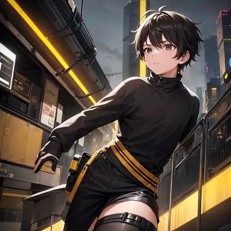 a boy from , He has,dark brown hair,black eyes,He is wearing a long yellow shirt with black stripes,a pair of black shorts,he is wearing an astronaut helmet,He is in a cyberpunk city,.