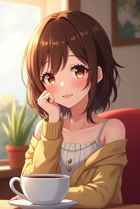 Ai Oshino Ko Screenshot , brown-haired girl with brown starry eyes, by the wide coffee, Intermediate skin, Natural smile, Woman&#39;s body and idol&#39;s clothes