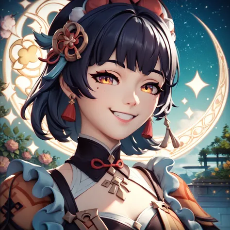 (masterpiece, best quality, highres, ultra-detailed, 8k, 4k), artbook, anime coloring, CG, illustration , fantasy, mksks ,1girl, solo, earring, neckless, background is a huge ornate circular pattern, smile, happy looking at viewer, starry night, night, out...