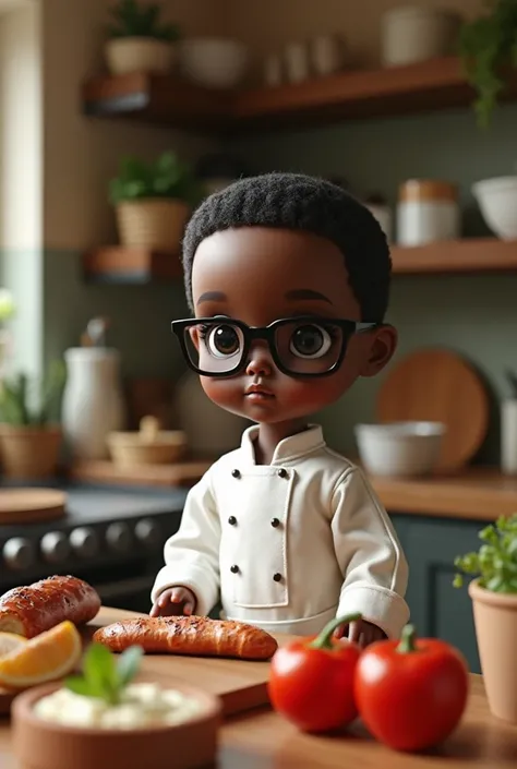 A black doll, with rectangular glasses, extra short straight hair, and gourmet chef.
