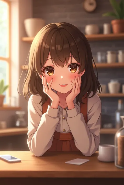 Ai Oshino Ko Screenshot , brown-haired girl with brown starry eyes, by the wide coffee, Intermediate skin, natural smile and idol clothes