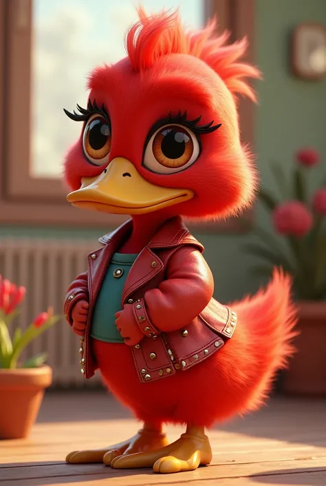 pixar style female red DUCK cool clothing hair & makeup on small & chubby