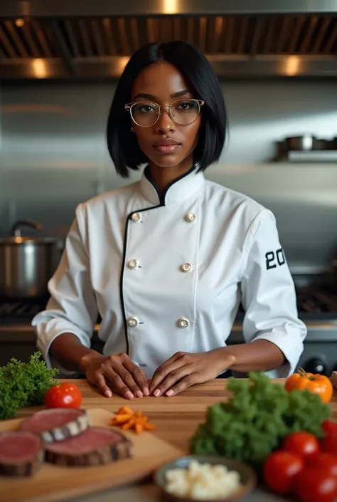 A black woman, with rectangular glasses, extra short straight hair, and gourmet chef.
