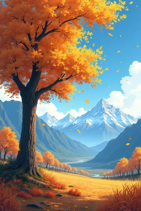 Background of tree with golden leaves falling and mountains on the ground in the background, anime style 