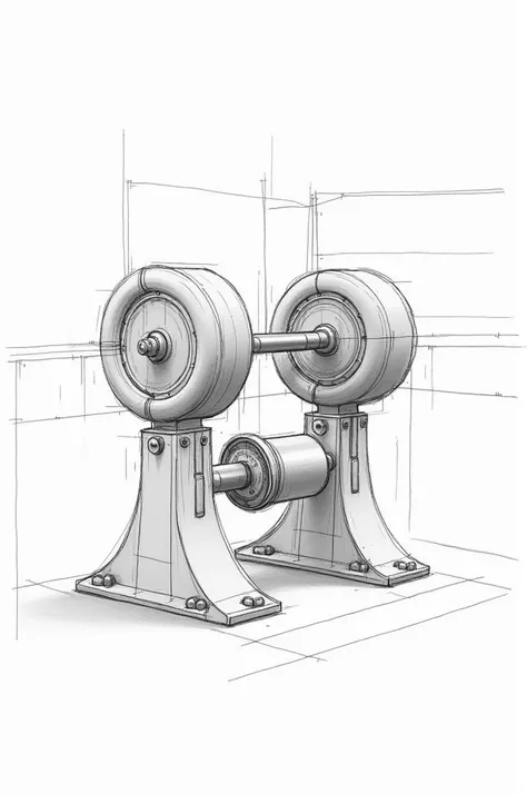 "Generate a sketch design of a tennis ball launching machine. The machine must have a robust structure with a stable base.. Includes two parallel rubber wheels on the front, mounted on shafts with bearings. The electric motor must be mounted on the base an...