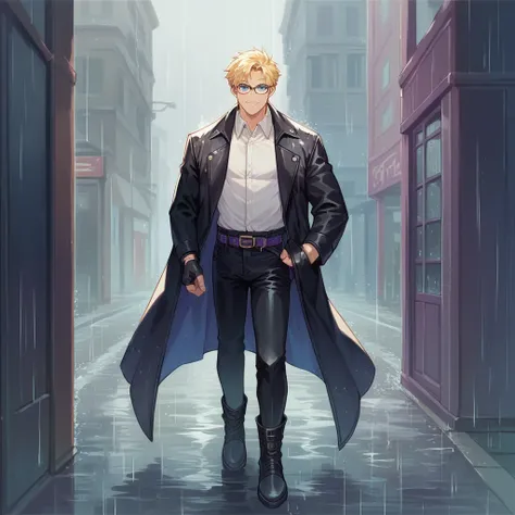 Male, Average Build, Blonde hair, blue eyes,  Leather Long Coat, White Dress Shirt, Purple Leather Belt, Black Leather Pants, Boots, Fingerless Gloves, Dark Blue Coat, Purple Interior Coat, Smile, Glasses, Alone, Rain, 