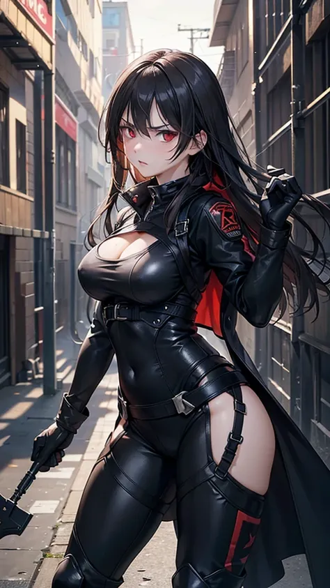 8k resolution,((Best Quality)),Ultra-high resolution,Adult women, Alone, sexy, (Angry expression), (Deep red eyes), A beautiful, symmetrical face, (Black messy long hair),Battle Coat,Combat body suit,Suit pants,Realistic:1.4,Realistic:1.4,(masterpiece:1.2)...