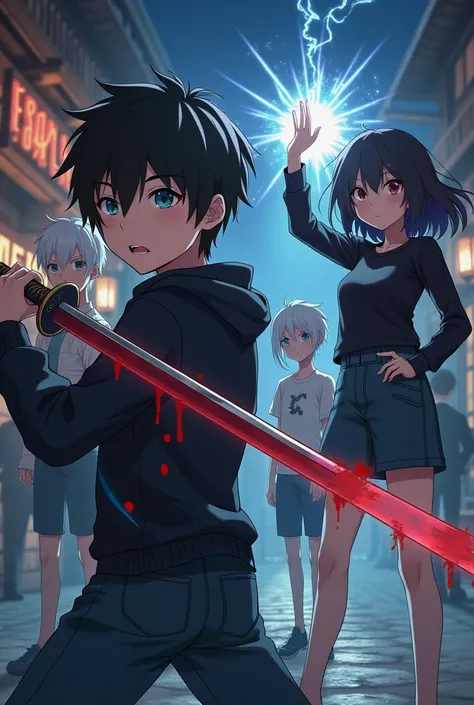 anime,1,1,boy with a katana with blood dripping,girl doing magic with her hand, white haired boy up,girl with shoulder length hair and black, red eyed girl, purple eyed boy, behind a tavern , at night , holding hands,  in a black sweatshirt with some blue ...