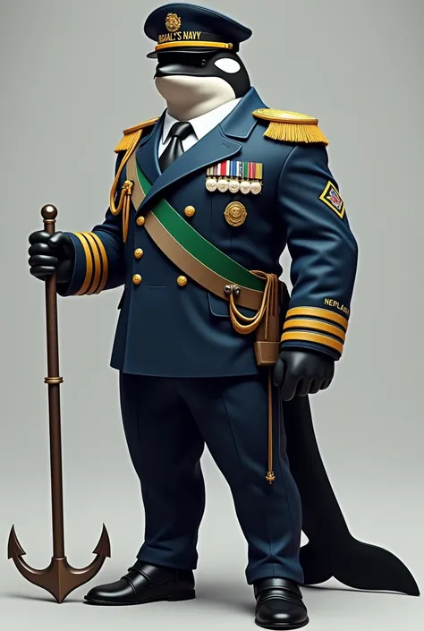 Animal: Orca Uniforms: Uniforme da Brazil&#39;s navy
Quepe: Cap with the inscription "Brazil&#39;s navy"
Position:
Right hand: Holding an anchor, supported on the shoulder Left hand: Holding the Brazilian flag Arm band:
location: Left arm Inscription:
supe...