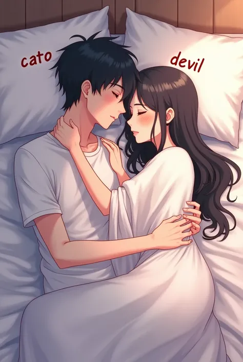 anime black hair 2 guy in white shirt & anime long black hair 2 girl wearing white kameez are snuggling while sleeping on bed. her face touching his chest. his hands are on her waist. cato written on her pillow & devil written on his pillow