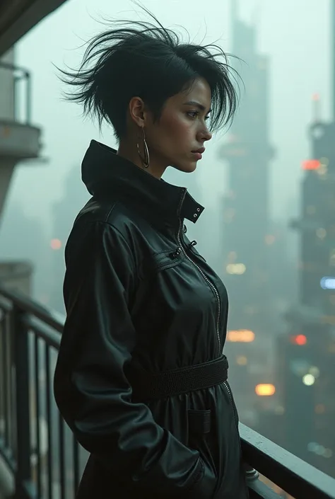 abstract colors, texture, film grain, skin pores:0.1 intricate dramatic portrait of a beautiful windblown scifi scientist standing on a balcony overlooking a futuristic (solarpunk)1.2 city, foggy morning, cinematic movie still frame, blade runner 2049, pun...