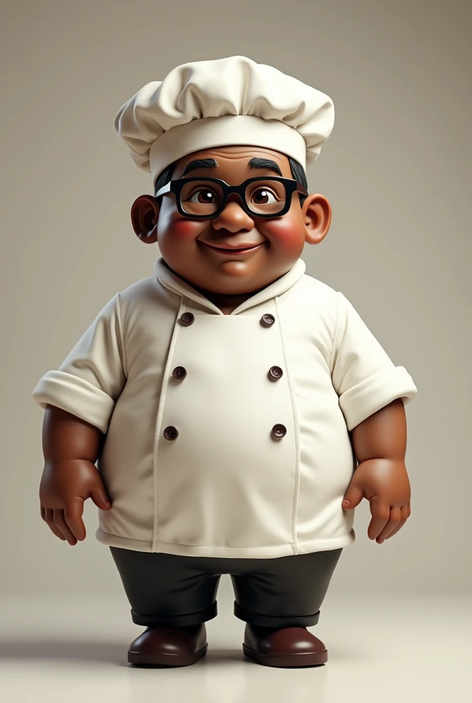 A black doll, with rectangular glasses, extra short straight hair, and gourmet chef, with the fat body, elderly 

