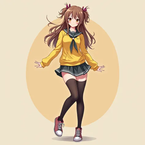 ((masterpiece, best quality, 8k, highres:1.2)) , hazel eyes, yellow school uniform, thighhighs, long hair, full body, Textured pantyhose, sneakers, twin drills,