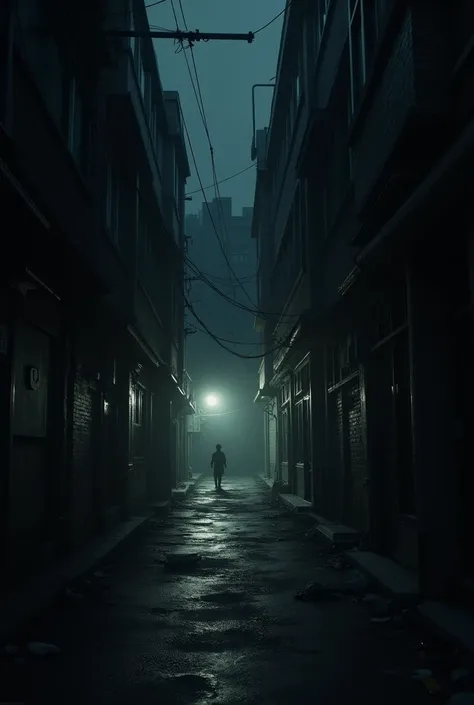 The scene is a dimly lit alley in New York., the shadows are dense because of the night, and the place looks like a crime scene