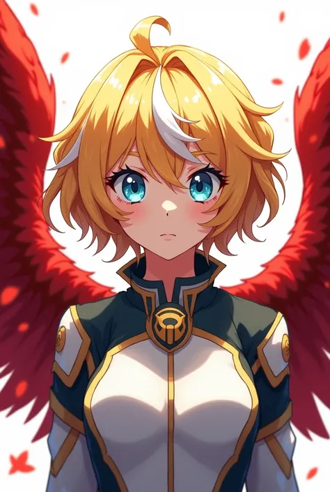 Blonde girl with short wavy hair with white highlights, blue eyes, Red wings in the style of My hero academia 