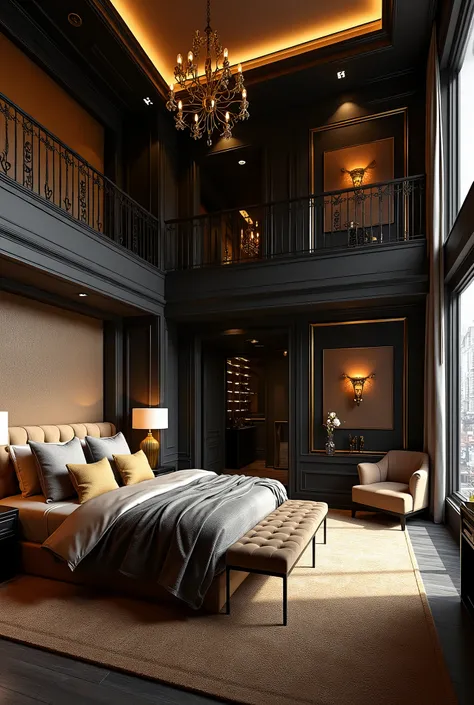 A modern bedroom on two floors. luxury. Blair Waldorff, gossip Girl. dark atmosphere. Goldene Details. Laughter