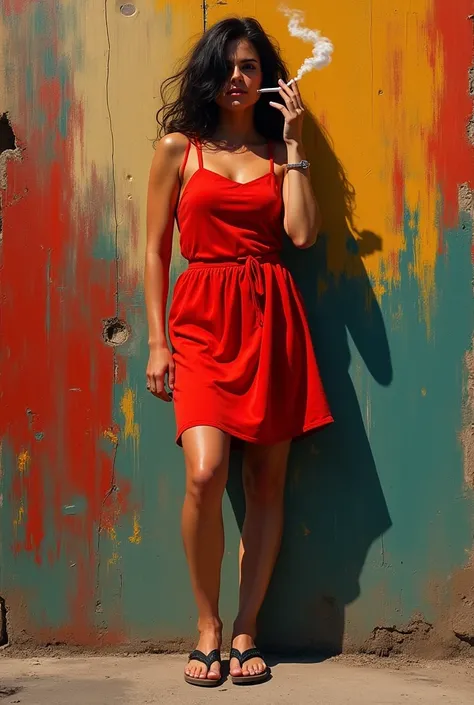 Abstract painting of a woman in a red dress, flip flops and smoking a cigarette 