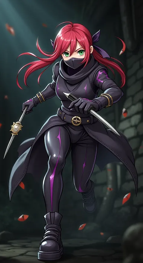 Ninja girl in black and purple suit , with daggers and shurikens  , lowers his mask and smiles Red hair , green eyes