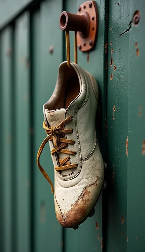 "An old football boot hangs from a rusty nail on a weathered wooden wall, symbolizing the retirement of a player. The boot, worn and scuffed, shows signs of many battles on the field, with faded colors and small tears in the leather. Dirt and grass stains ...