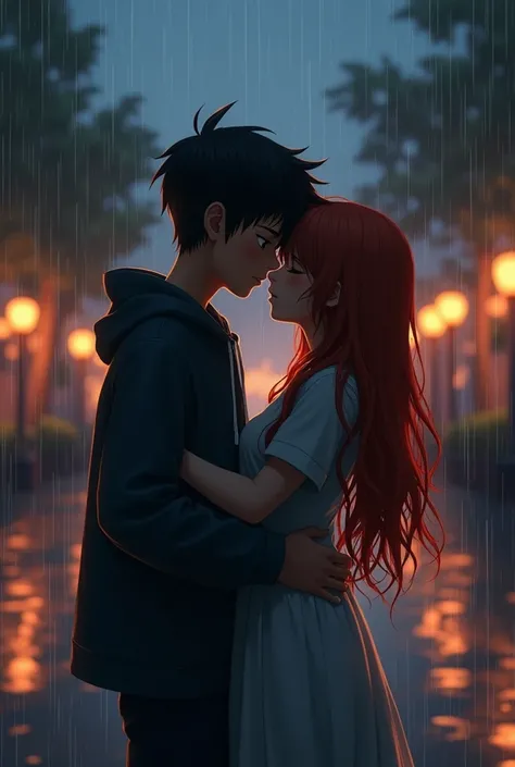 two 2s hug each other in the rain in a beautiful square. a 1.85 m boy weighing 100 kg, a little chubby with hair that covered his ears, a girl with long red hair. just a shadow of the two. its raining a lot. they are friendly. at dusk. the couple does not ...